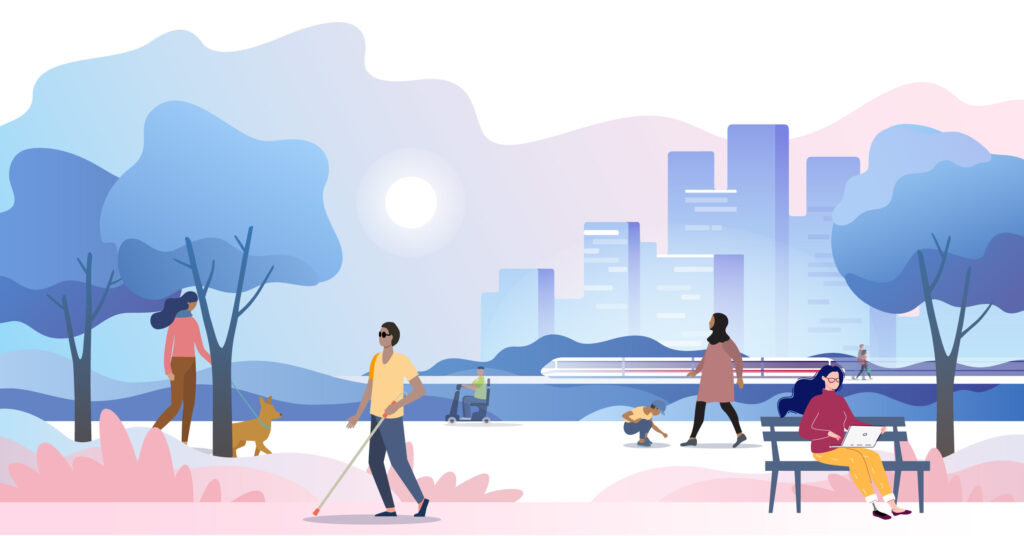 8 people stroll outside in a stylized illustration. A dog is being walked, and an electric scooter ridden. Someone with sunglasses uses a white cane, a woman with a hijab plays with a kid, and a woman with an artificial leg types on her laptop. A futuristic monorail zooms past a cityscape in the background.