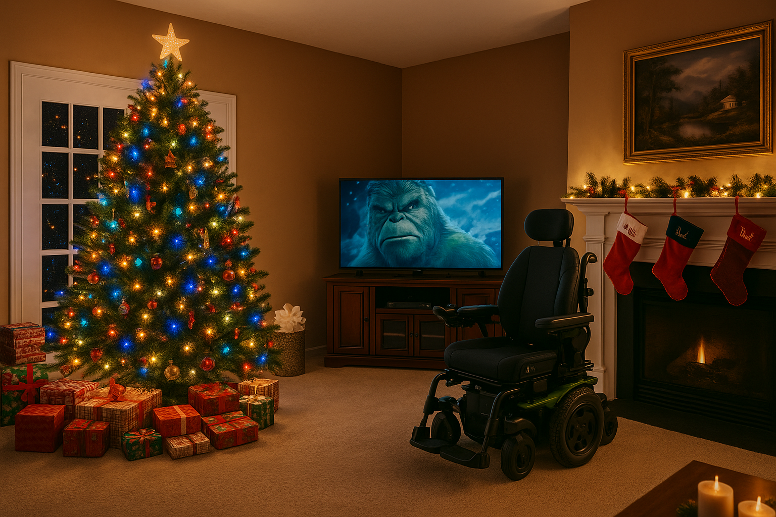 An AI generated image of a cozy room with a holiday tree, ornaments, stockings, candles, a fireplace, and an kid-sized unoccupied electric wheelchair, implying they are off screen, watching the big screen TV with a stylized green monster who may or may not have a Grinch-like scowl. Une image générée par IA d’une pièce confortable avec un sapin de Noël, des décorations, des bas de Noël, des bougies, une cheminée et un fauteuil roulant électrique de taille enfant inoccupé, suggérant que l’enfant est hors champ, regardant la grande télévision avec un monstre vert stylisé qui pourrait ou non avoir une moue à la manière du Grinch.